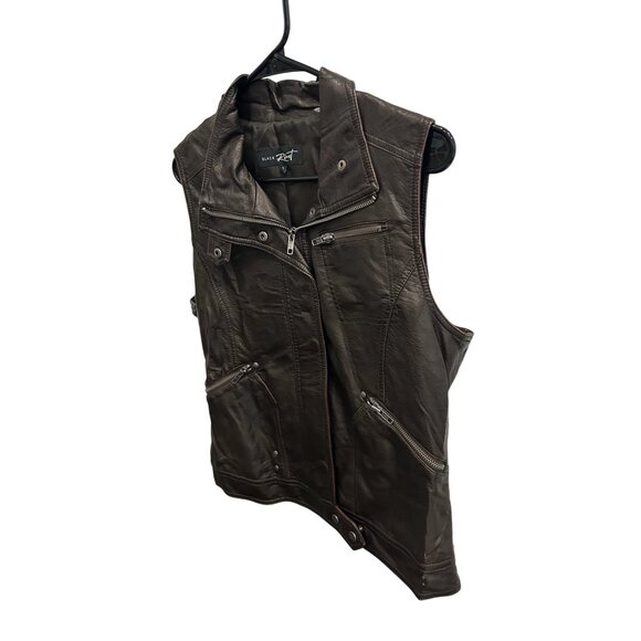 Black Rivet Sleeveless Moto Vest Large Faux Leather Zipper Brown - Picture 3 of 12